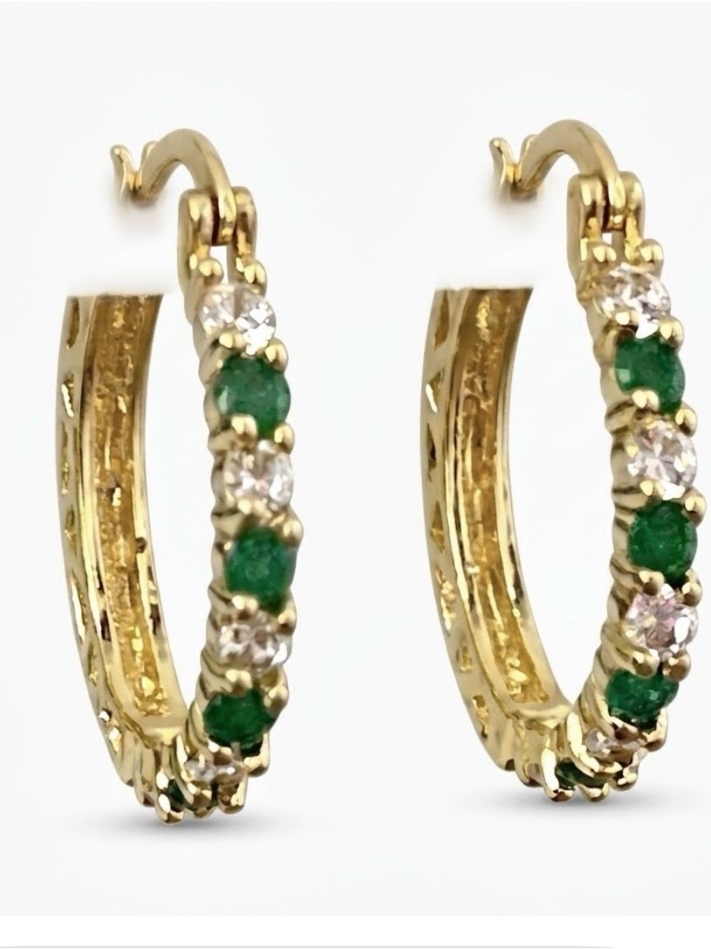 Emerald Green and White CZs in Gold Tone Hoop Earrings
